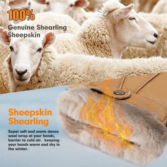 Men's Camel Winter Cold Air Shearling Sheepskin Leather Gloves With Fur Lined - Picture 3 of 7